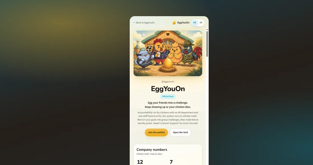 EggYouOn public profile with the mascot flock and waitlist call to action