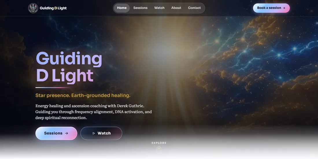 Guiding D Light homepage with cosmic hero and book a session call to action