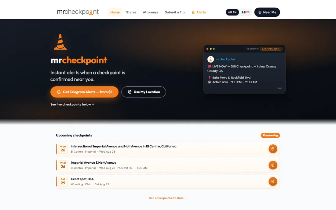 mrcheckpoint homepage with live checkpoint listings and a Telegram alert preview
