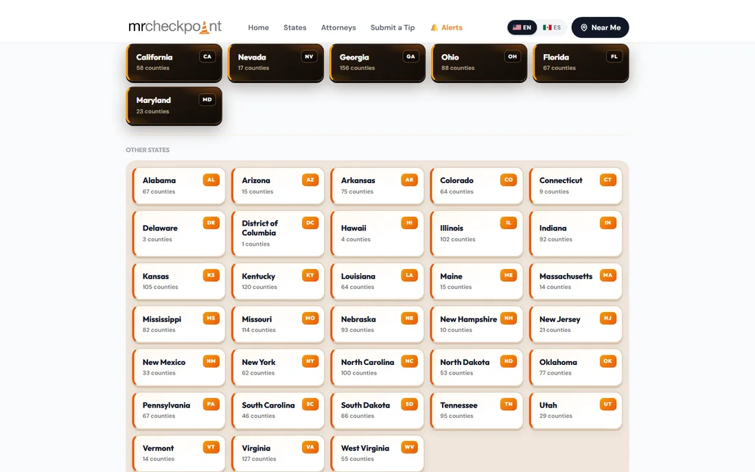 State directory hub listing every state with its county count